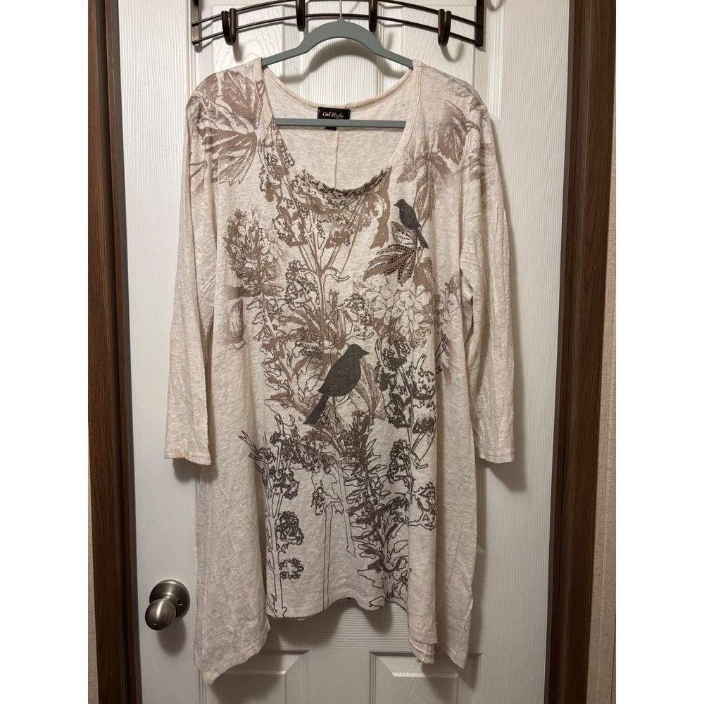 Cal Style USA Womens 3XL Cream Bird Floral Rhinestone Slub Knit Tunic Top